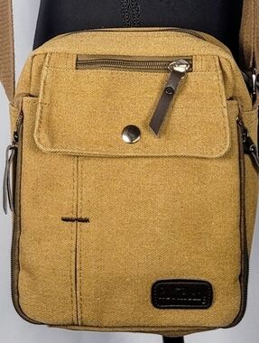Canvas Crossbody Bag Tan Utility Shoulder Bag Multi Pocket Travel Everyday Bag